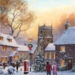 Card image shows a traditional snowy village scene. There are four cottages with their lights on in the windows, a church with a Christmas tree, decorated old fashioned lamp post next to a lit Christmas tree and snow covered letter box. Villagers are walking towards the church.