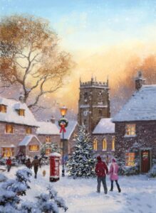 Card image shows a traditional snowy village scene. There are four cottages with their lights on in the windows, a church with a Christmas tree, decorated old fashioned lamp post next to a lit Christmas tree and snow covered letter box. Villagers are walking towards the church.