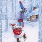 Card image shows Santa walking through the snow, wearing snow shoes, towards a house covered in snow, carrying a pile of 5 presents stacked one on top of the other.