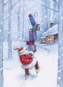 Card image shows Santa walking through the snow, wearing snow shoes, towards a house covered in snow, carrying a pile of 5 presents stacked one on top of the other.