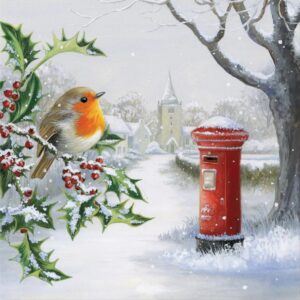 card picture shows a snowy scene of a chuch with some cottages in the background. In the foreground is a tree covered in snow with a postbox underneath. Right at the front is a holly branch with a robin sitting on the holly branch