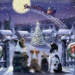 card picture shows 4 different breeds of dog sitting on a snowy balcony looking up into a snowy night sky watching Santa's sleigh taking off from the village in front of them with a lit Christmas tree in the centre of the village