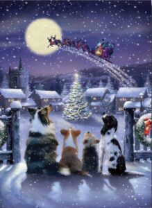 card picture shows 4 different breeds of dog sitting on a snowy balcony looking up into a snowy night sky watching Santa's sleigh taking off from the village in front of them with a lit Christmas tree in the centre of the village