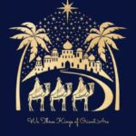 Picture on card is a navy background with a depiction of Bethlehem in the background, the guiding star above, 2 palm trees and the three kings in front with the wording "We three kings of Orient are" underneath all in gold.