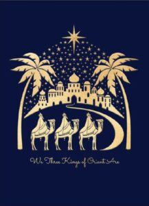 Picture on card is a navy background with a depiction of Bethlehem in the background, the guiding star above, 2 palm trees and the three kings in front with the wording "We three kings of Orient are" underneath all in gold.